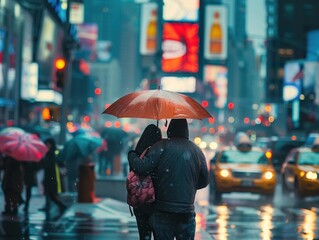 Obraz premium A couple sharing an umbrella in a bustling city, their focus solely on each other amidst the crowd