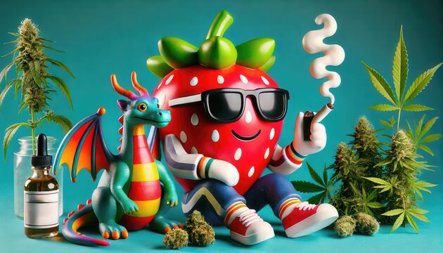 Strawberry as a character smoking cannabis. Surrounding the character are cannabis buds and leaves, enhancing the relaxed, whimsical atmosphere.