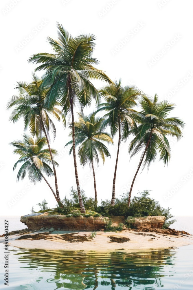 Poster a group of palm trees standing on a small island, surrounded by water