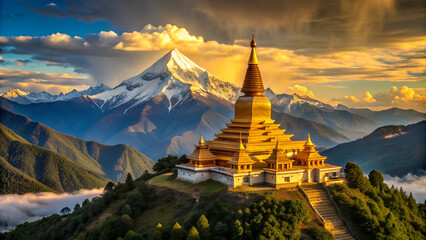 Buddhist golden temple in the mountains. Generative Ai © AdobeMaster1983
