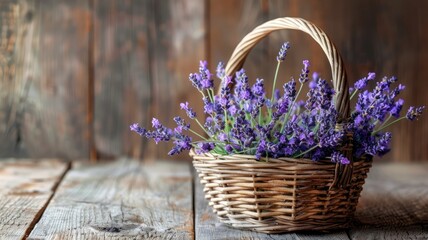 Fototapeta premium Wicker basket full of fresh lavender flowers on wooden table