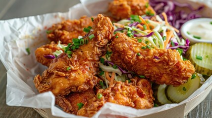 Fototapeta premium Crispy fried chicken strips with coleslaw and pickles in lined basket