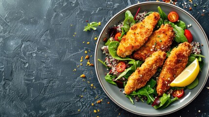 Fototapeta premium Crispy chicken tenders on bed of fresh mixed greens, tomatoes, and quinoa with lemon slices