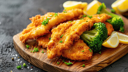 Crispy golden fried chicken breasts with broccoli and lemon wedges on wooden board