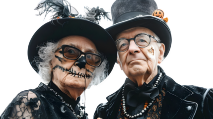 Old couple in spooky Halloween costume, eerie elder costumes, festive Halloween attire, spooky seniors, Halloween celebration, png file, isolated on white