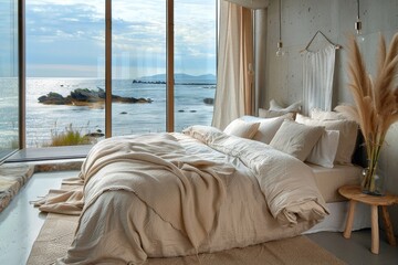 Bed with beige bedding against big panoramic window with sea view. Boho interior design of modern bedroom, Generative AI