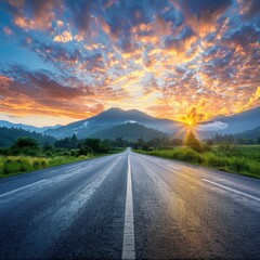 A road with a mountain in the background and a sun in the sky. The sun is setting and the sky is filled with clouds