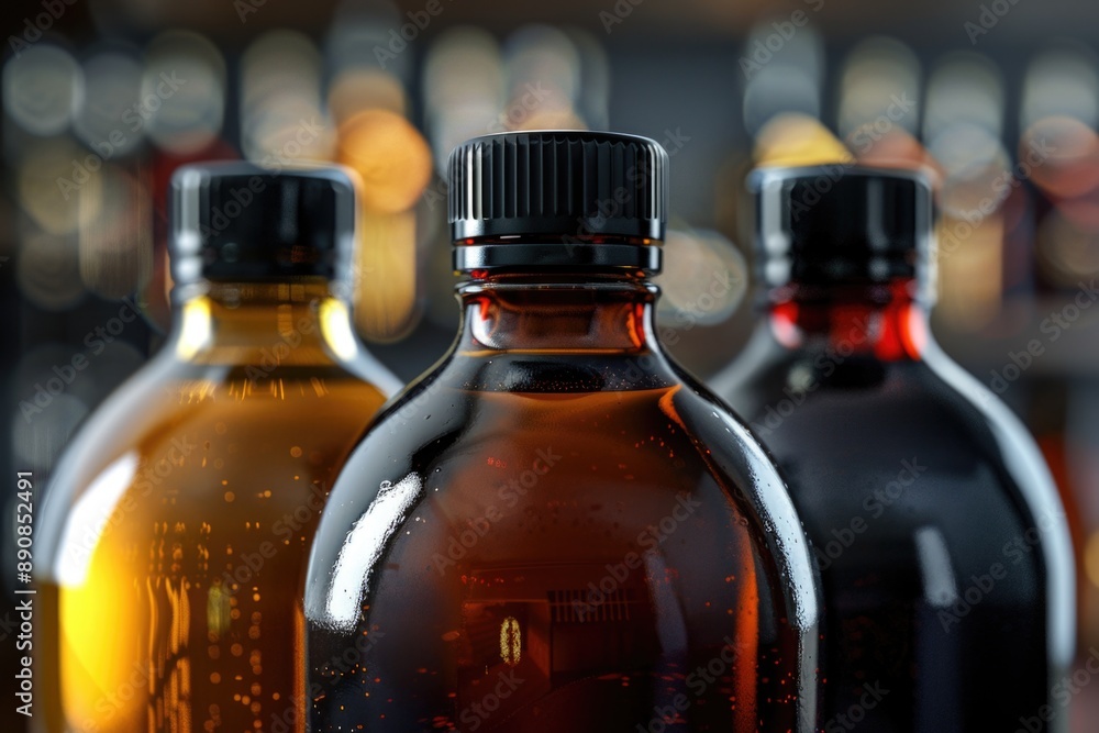 Poster three glass bottles filled with different liquids sit on a table, ready for use or display