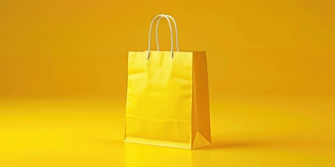 A bright yellow shopping bag sits on a matching yellow background