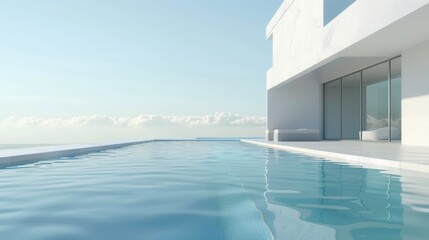 A large swimming pool with a white house in the background