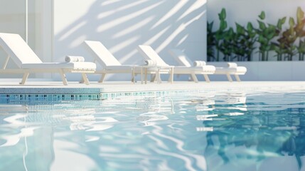 A pool with white lounge chairs and towels