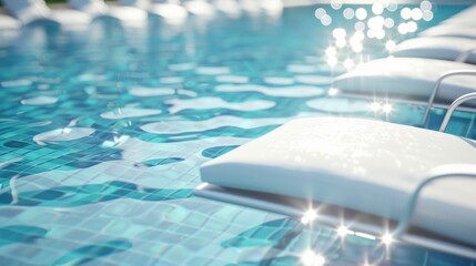 Obraz premium A pool with a lot of white chairs and a lot of light reflecting off the water