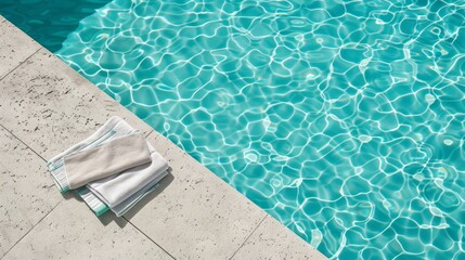 A towel is laying on the edge of a pool