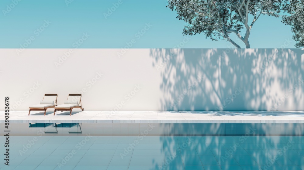 Aufkleber a pool with two lounge chairs and a tree in the background