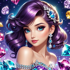 Generative illustration poster of a young beautiful girl with shiny hair and diamonds on a purple background.
