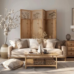 A living room with a couch, coffee table, and a vase of flowers. The room has a minimalist and modern design, with a focus on natural elements like the flowers and the wooden furniture