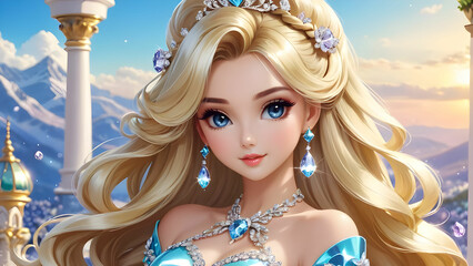 Generative illustration poster of a young beautiful blonde girl with shiny hair and diamonds on a purple background.