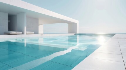 A pool with a white roof and a white house in the background