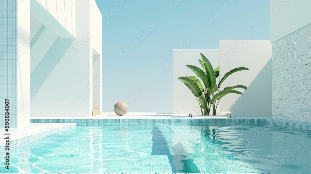 Poster a pool with a white building in the background