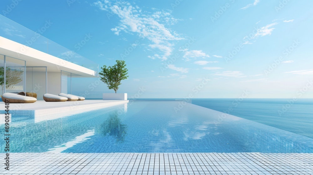 Poster a large pool with a tree in front of it and a house in the background