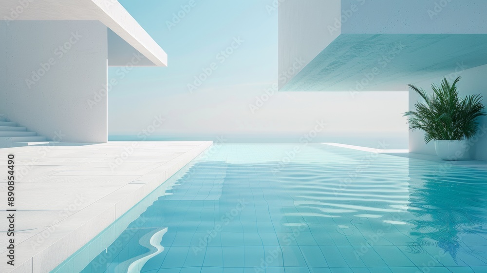 Poster a pool with a white building in the background