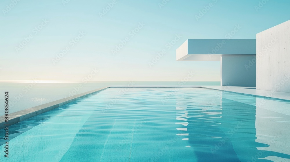 Poster a pool with a white building in the background