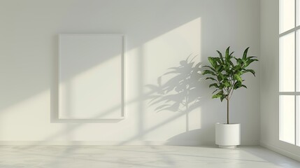 A minimalist room features a large window allowing in natural light, a potted plant, and a blank wall frame adding a serene atmosphere.