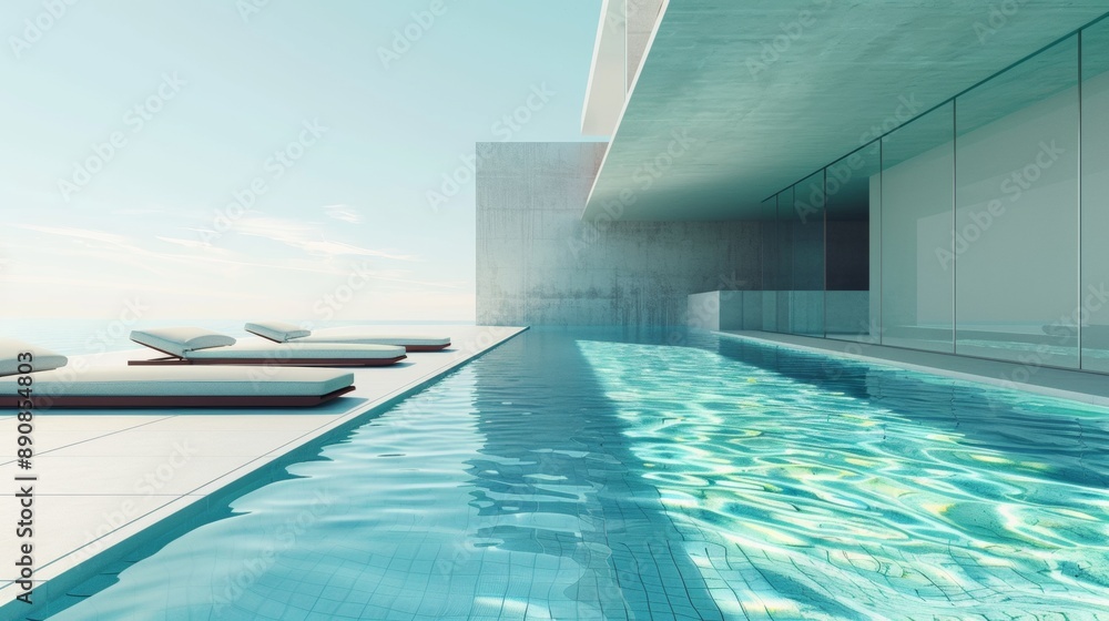 Poster a pool with a white fence and a white building in the background
