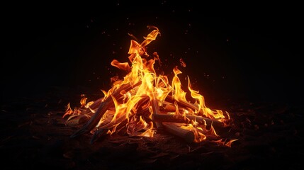 Roaring Campfire at Night with Bright Orange Flames