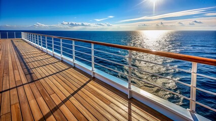 Ocean liner's deck features a sturdy white metal guardrail with a wood grain texture, overlooking the endless blue sea and sky on a sunny day.