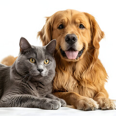 british cat and golden retriever isolated on white background, space for captions, png