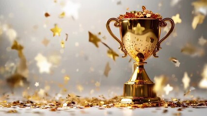 Gold sports winners cup on festive white background with golden confetti, design trophy. Golden symbol of winner, celebration, champion games, sports competition 