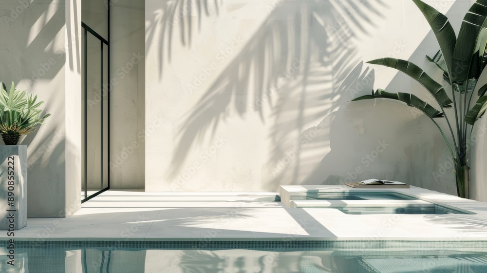 Poster a white wall with a large window and a palm tree in front of it