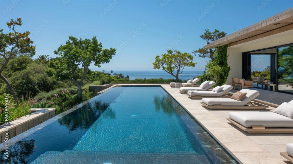 Poster a large pool with a view of the ocean and a patio with lounge chairs