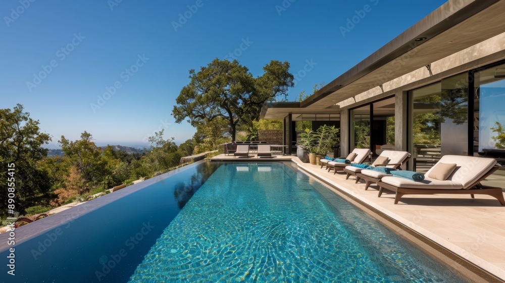 Poster a large pool with a view of the mountains