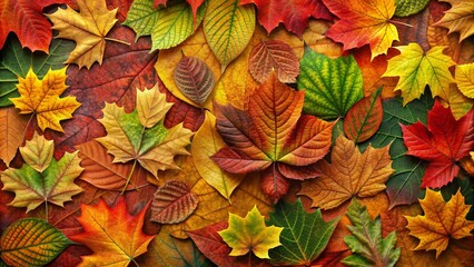 Fototapeta premium Vibrant autumn leaves in shades of orange, yellow, red, green, and brown create a stunning mosaic background with intricate textures and natural patterns.
