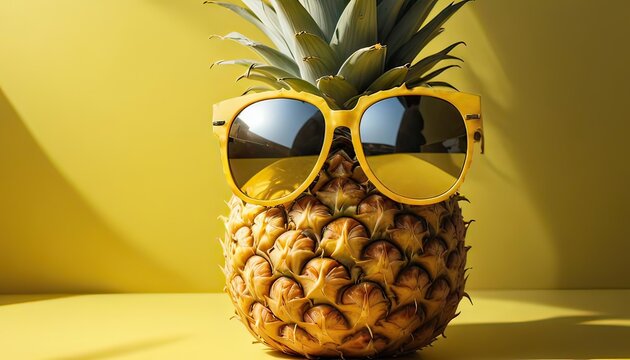 Creative pineapple looking up with sunglasses and shell isolated on yellow background, summer vacation beach idea design pattern, copy space close up