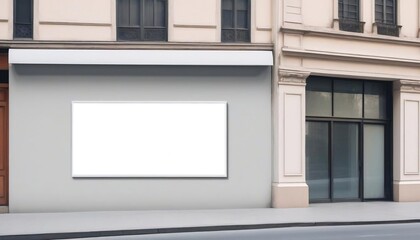 Fototapeta premium Blank store signage or poster banner for mock-up. Empty signboard of shop frontage on the street side that attach on wall, a billboard in the center of the city created with generative ai.