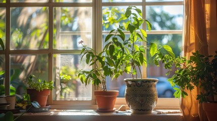 A sunlit window sill adorned with lush potted plants, creating a cozy and inviting atmosphere filled with natural beauty and charm.