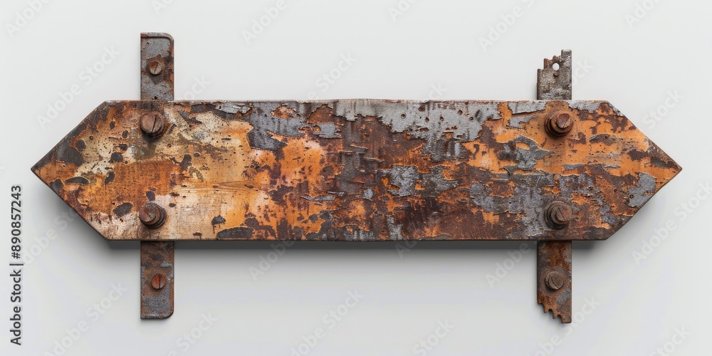 Poster a close-up shot of a rusty metal sign hanging from the side of a wall, with a worn and weathered app