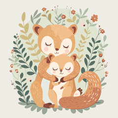 Fototapeta premium Cute cartoon squirrels with flowers. Vector illustration in a flat style.