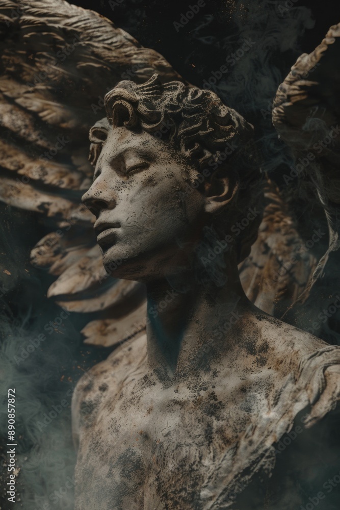 Poster a statue depicting an angel with its wings resting on its head, a unique and imaginative design