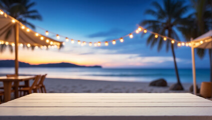 White wooden table top on blur tent camping travel on the beach at night
