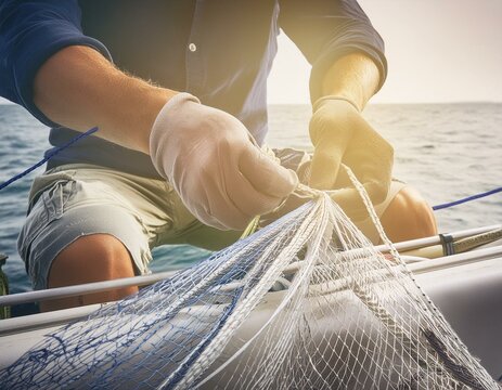 Manos de hombre de pesca y limpiando peces y la red de camarones 