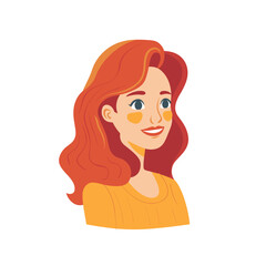 A cartoon girl with red hair and a yellow shirt. She is smiling and has a heart on her face