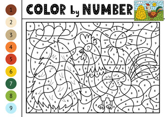 Color by number activity page for kids with a cute rooster. Farm animal scene puzzle game for school and preschool. Vector illustration