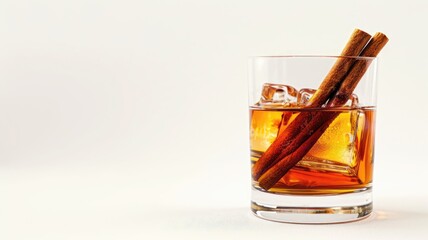 Glass of cocktail with ice and cinnamon sticks, on clean background