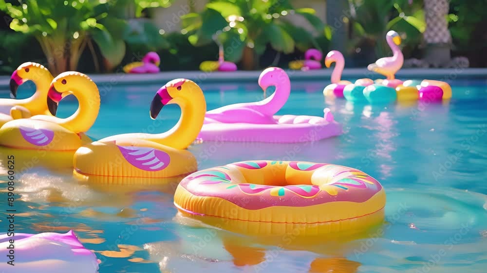 Poster the pool is lined with inflatable floats of all shapes and sizes from classic yellow ducks to giant 