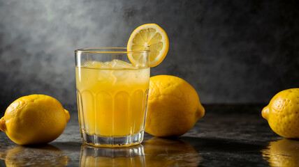 SUMO DE LIMON EN VASO DE CRISTAL, ALGUNOS LIMONES AMARILLOS 