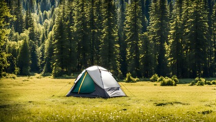 sunny camping field with canopy tent